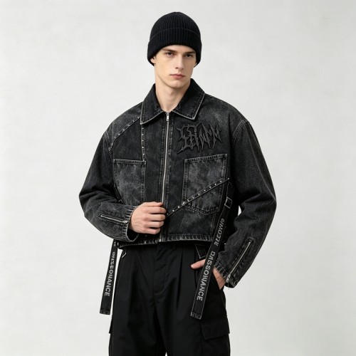Washed Gothic Embroidery Rivet Strap Cropped Canvas Jacket | Metal Stud Adjustable Text Straps | Streetwear Manufacturer