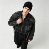 Washed Gothic Embroidery Rivet Strap Cropped Canvas Jacket | Metal Stud Adjustable Text Straps | Streetwear Manufacturer