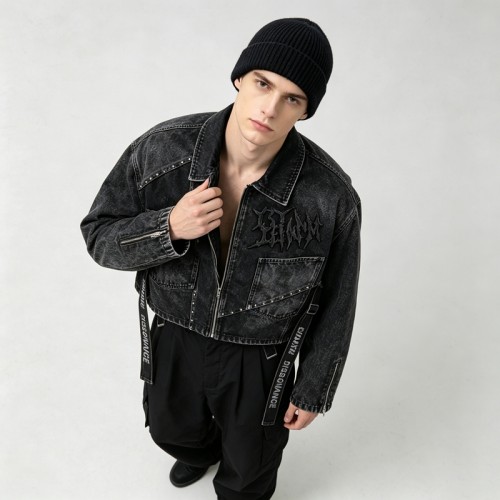 Washed Gothic Embroidery Rivet Strap Cropped Canvas Jacket | Metal Stud Adjustable Text Straps | Streetwear Manufacturer