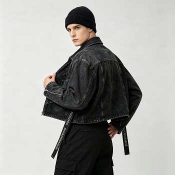 Washed Gothic Embroidery Rivet Strap Cropped Canvas Jacket | Metal Stud Adjustable Text Straps | Streetwear Manufacturer