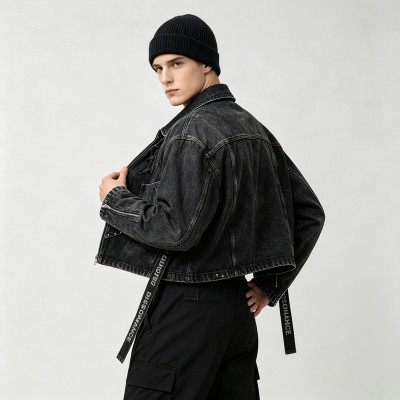 Washed Gothic Embroidery Rivet Strap Cropped Canvas Jacket | Metal Stud Adjustable Text Straps | Streetwear Manufacturer