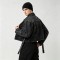 Washed Gothic Embroidery Rivet Strap Cropped Canvas Jacket | Metal Stud Adjustable Text Straps | Streetwear Manufacturer