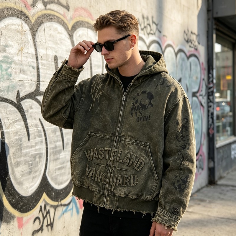 Hooded Canvas Jacket With Towel Embroidery and DTG Print