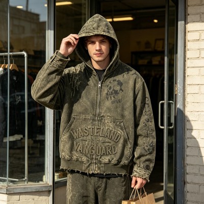Hooded Canvas Jacket With Towel Embroidery and DTG Print | Raw Frayed Hem Distressed Finish | Custom Streetwear