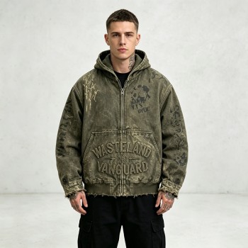 Hooded Canvas Jacket With Towel Embroidery and DTG Print | Raw Frayed Hem Distressed Finish | Custom Streetwear