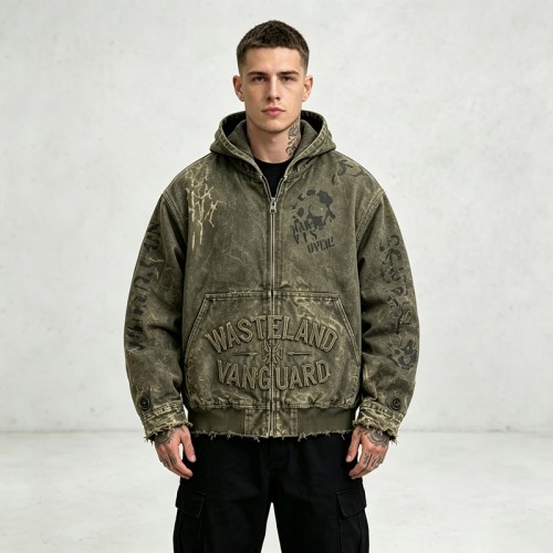 Hooded Canvas Jacket With Towel Embroidery and DTG Print | Raw Frayed Hem Distressed Finish | Custom Streetwear