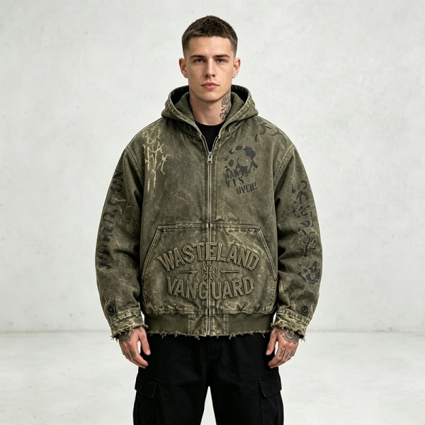 Hooded Canvas Jacket With Towel Embroidery and DTG Print | Raw Frayed Hem Distressed Finish | Custom Streetwear