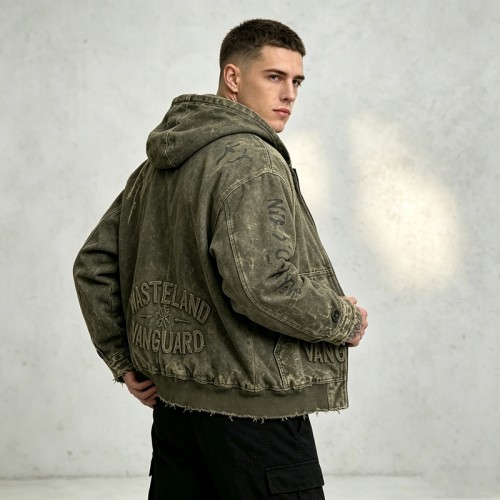 Hooded Canvas Jacket With Towel Embroidery and DTG Print | Raw Frayed Hem Distressed Finish | Custom Streetwear