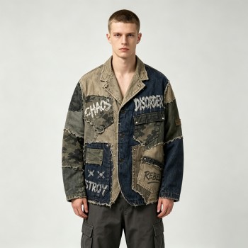 Patchwork Raw Edge DTG Print Canvas Jacket | Camo Mixed Panel Design | Custom Streetwear Manufacturer