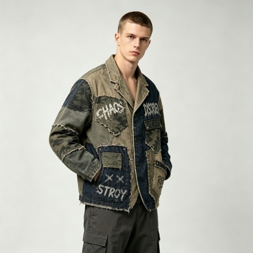 Patchwork Raw Edge DTG Print Canvas Jacket | Camo Mixed Panel Design | Custom Streetwear Manufacturer