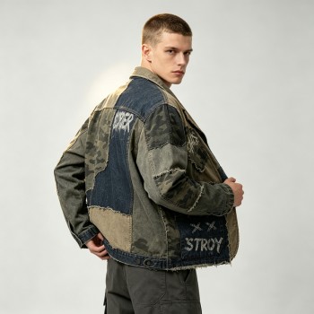 Patchwork Raw Edge DTG Print Canvas Jacket | Camo Mixed Panel Design | Custom Streetwear Manufacturer