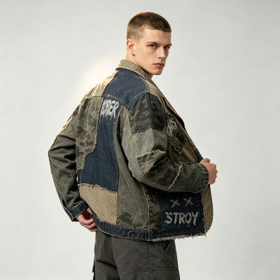 Patchwork Raw Edge DTG Print Canvas Jacket | Camo Mixed Panel Design | Custom Streetwear Manufacturer