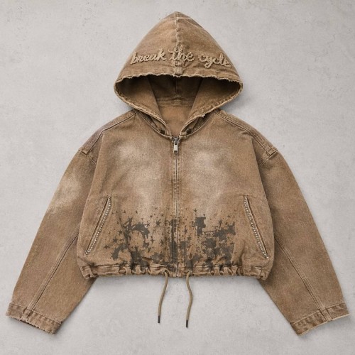 Spray Dye Washed Star DTG Print Towel Embroidery Rivet Jacket | Cropped Hooded Canvas Jacket | Custom Streetwear