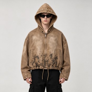 Spray Dye Washed Star DTG Print Towel Embroidery Rivet Jacket | Cropped Hooded Canvas Jacket | Custom Streetwear