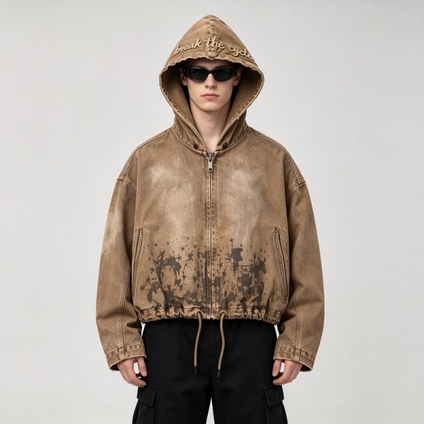 Spray Dye Washed Star DTG Print Towel Embroidery Rivet Jacket | Cropped Hooded Canvas Jacket | Custom Streetwear