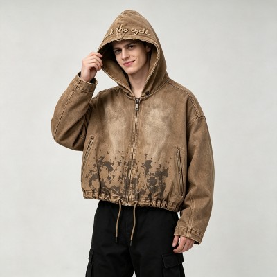 Spray Dye Washed Star DTG Print Towel Embroidery Rivet Jacket | Cropped Hooded Canvas Jacket | Custom Streetwear