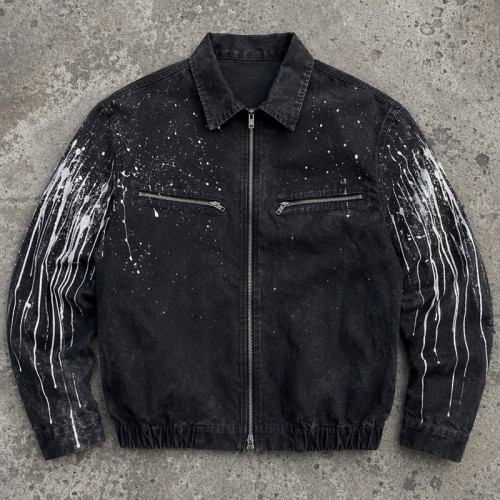 Washed Splash Ink Canvas Jacket | Elastic Rib Hem Dual Zip Pockets | Street Daily Wear | Custom Streetwear