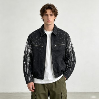 Washed Splash Ink Canvas Jacket | Elastic Rib Hem Dual Zip Pockets | Street Daily Wear | Custom Streetwear