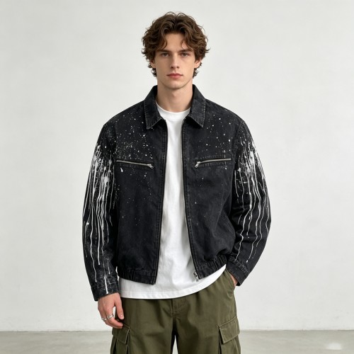 Washed Splash Ink Canvas Jacket | Elastic Rib Hem Dual Zip Pockets | Street Daily Wear | Custom Streetwear