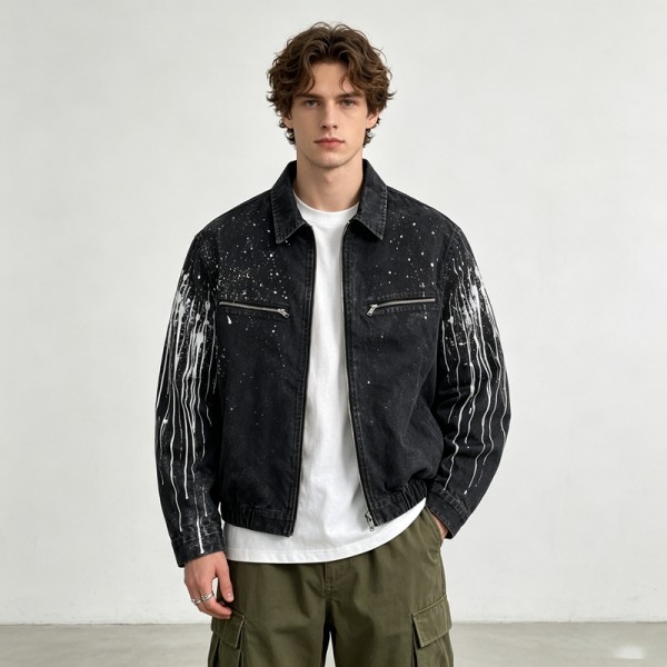 Washed Splash Ink Canvas Jacket | Elastic Rib Hem Dual Zip Pockets | Street Daily Wear | Custom Streetwear