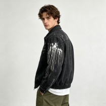Washed Splash Ink Canvas Jacket | Elastic Rib Hem Dual Zip Pockets | Street Daily Wear | Custom Streetwear