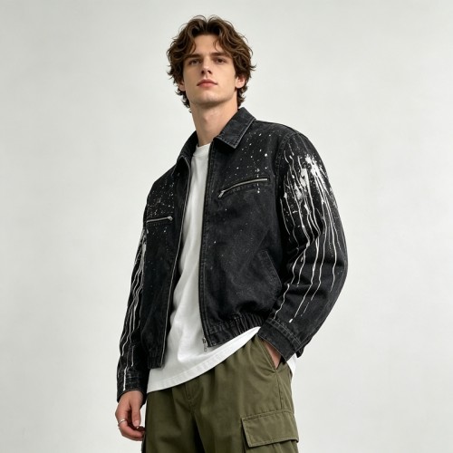 Washed Splash Ink Canvas Jacket | Elastic Rib Hem Dual Zip Pockets | Street Daily Wear | Custom Streetwear