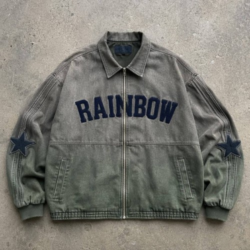 Towel Embroidery Washed Canvas Jacket | Vintage Acid Wash Star Patch Design | Custom Streetwear Manufacturer