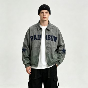 Towel Embroidery Washed Canvas Jacket | Vintage Acid Wash Star Patch Design | Custom Streetwear Manufacturer