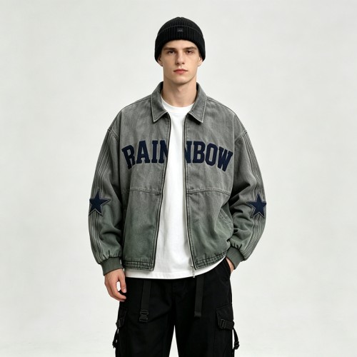 Towel Embroidery Washed Canvas Jacket | Vintage Acid Wash Star Patch Design | Custom Streetwear Manufacturer
