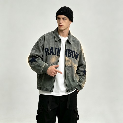 Towel Embroidery Washed Canvas Jacket | Vintage Acid Wash Star Patch Design | Custom Streetwear Manufacturer