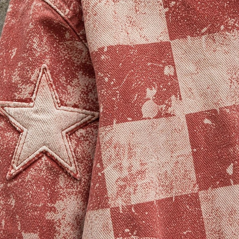 Washed Check Star Embroidery Patch Cropped Canvas Jacket