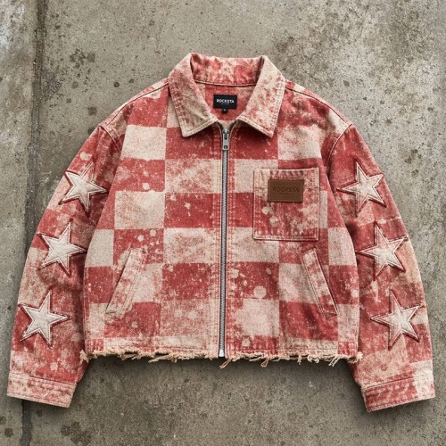 Washed Check Star Embroidery Patch Cropped Canvas Jacket | Distressed abrade with applique | Streetwear Manufacturer