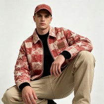 Washed Check Star Embroidery Patch Cropped Canvas Jacket | Distressed abrade with applique | Streetwear Manufacturer