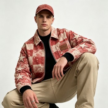 Washed Check Star Embroidery Patch Cropped Canvas Jacket | Distressed abrade with applique | Streetwear Manufacturer
