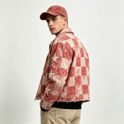 Washed Check Star Embroidery Patch Cropped Canvas Jacket | Distressed abrade with applique | Streetwear Manufacturer