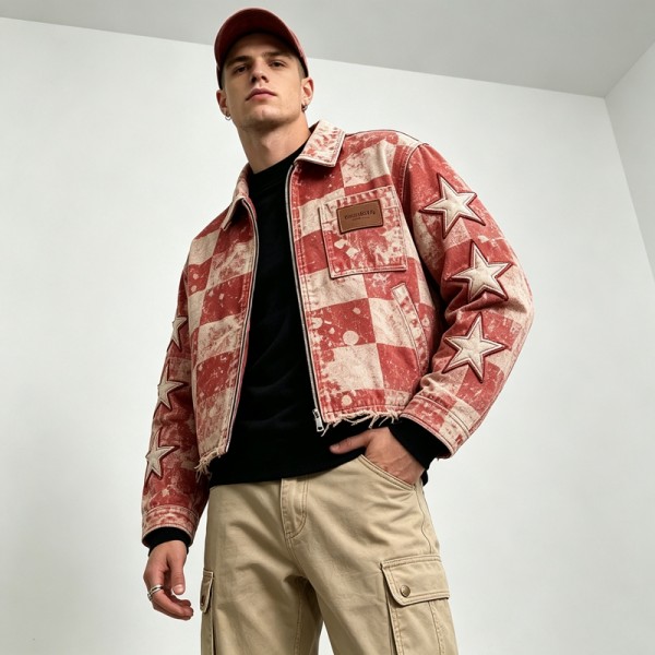 Washed Check Star Embroidery Patch Cropped Canvas Jacket | Distressed abrade with applique | Streetwear Manufacturer