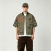 Washed Palm Stamp DTG Print Short Sleeve Canvas Jacket | Striped Rib Collar Metal Snap Front | OEM Streetwear
