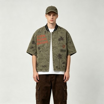 Washed Palm Stamp DTG Print Short Sleeve Canvas Jacket | Striped Rib Collar Metal Snap Front | OEM Streetwear
