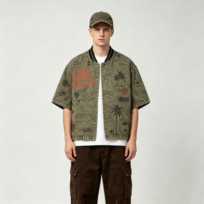 Washed Palm Stamp DTG Print Short Sleeve Canvas Jacket | Striped Rib Collar Metal Snap Front | OEM Streetwear