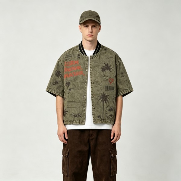 Washed Palm Stamp DTG Print Short Sleeve Canvas Jacket | Striped Rib Collar Metal Snap Front | OEM Streetwear