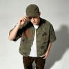 Washed Palm Stamp DTG Print Short Sleeve Canvas Jacket | Striped Rib Collar Metal Snap Front | OEM Streetwear