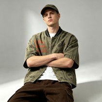 Washed Palm Stamp DTG Print Short Sleeve Canvas Jacket | Striped Rib Collar Metal Snap Front | OEM Streetwear