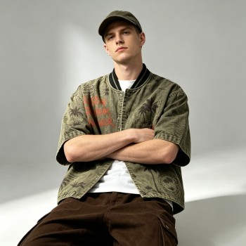 Washed Palm Stamp DTG Print Short Sleeve Canvas Jacket | Striped Rib Collar Metal Snap Front | OEM Streetwear