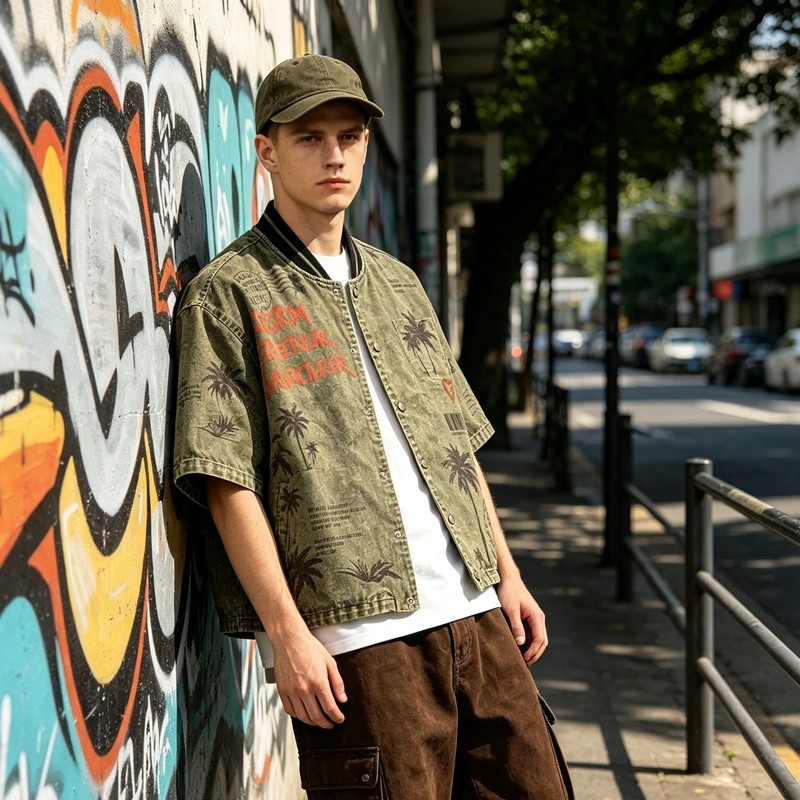 Washed Palm Stamp DTG Print Short Sleeve Canvas Jacket