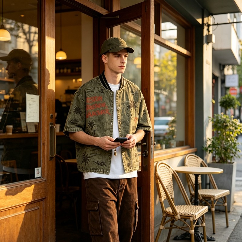 Washed Palm Stamp DTG Print Short Sleeve Canvas Jacket