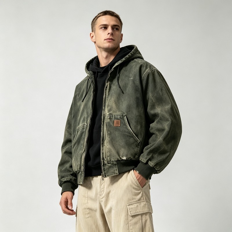 Distressed Wash abrade Spray Dye Embroidery Patch Canvas Hooded Jacket