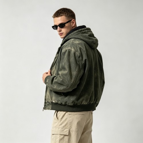 Distressed Wash abrade Spray Dye Embroidery Patch Canvas Hooded Jacket | Outdoor Daily Street Style | Custom Streetwear
