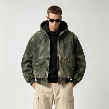 Distressed Wash abrade Spray Dye Embroidery Patch Canvas Hooded Jacket | Outdoor Daily Street Style | Custom Streetwear
