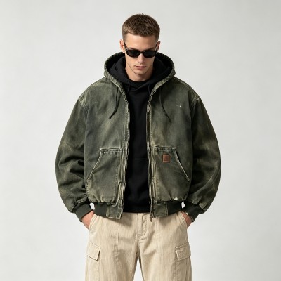 Distressed Wash abrade Spray Dye Embroidery Patch Canvas Hooded Jacket | Outdoor Daily Street Style | Custom Streetwear