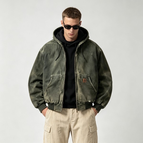 Distressed Wash abrade Spray Dye Embroidery Patch Canvas Hooded Jacket | Outdoor Daily Street Style | Custom Streetwear